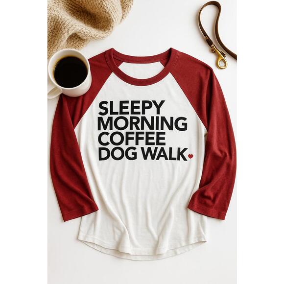 Tops - CHASOR Sleepy Morning Coffee Dog Walk Raglan Tee - Size L